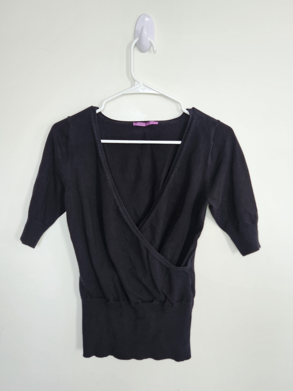 SMART SET Black Wrap Front Sweater Large 3/4 Sleeve Knit V-Neck Faux Wrap🔥